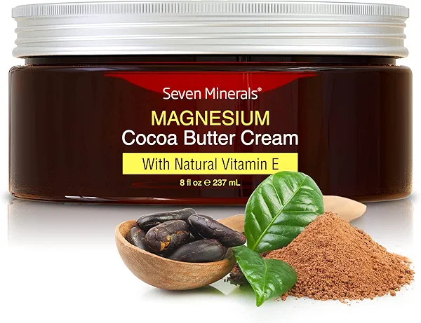 Seven Minerals, Natural Magnesium Cream for Pain Calm, Leg Cramps, Sleep & Muscle Soreness With Moisturizing Organic Cocoa Butter & Vitamin E - No Harmful Ingredients USA Made Safe for Kids (8 fl oz)