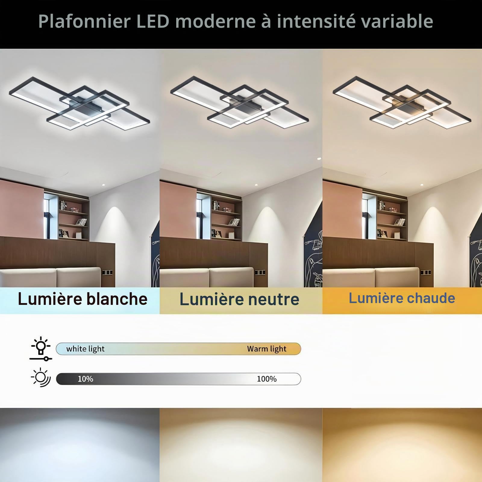 LED Plafonnier Applique Murale Lampe de plafond Moderne Noir Rectangle Désign Abat jour Applique pour Chambre Salon Cuisine Salle à manger Loft Escalier Couloir Dimmable avec télécommande,Noir,90cm