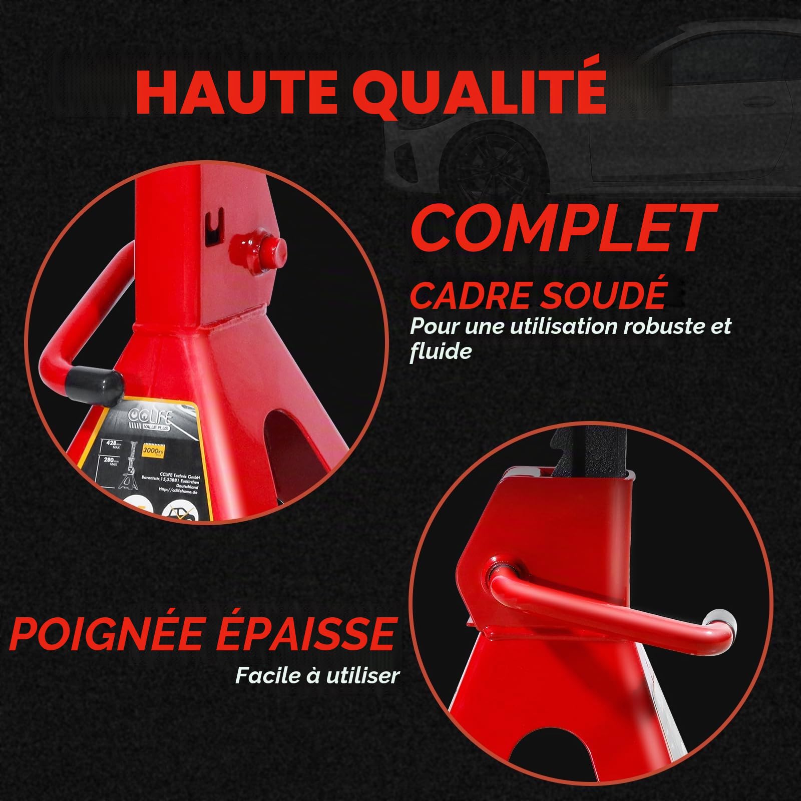 CCLIFE Lot de 2 Chandelles à Crémaillère 3T, Hauteur Réglable 285-400 mm avec Patins en Caoutchouc pour Voitures, Caravanes et Camping-Cars
