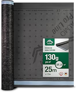 ALMO &Eacute;cran de sous-toiture ouvert &agrave; la diffusion UV 37,5m&sup2; (1,5m x 25m), &eacute;cran pare pluie pour fa&ccedil;ade, 130g/m&sup2;, l&eacute; de sous-toiture, hydrofuge & r&eacute;sistant aux UV avec joint autocollant int&eacute;gr&eacute;