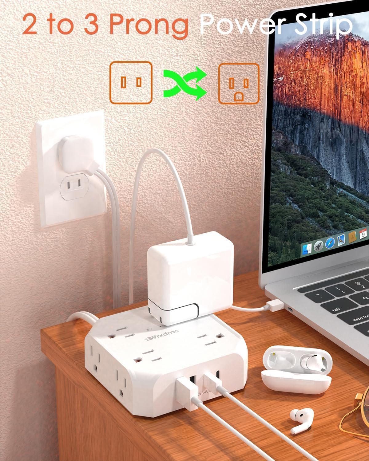 2 Prong Power Strip, WRXDMC 2 Prong to 3 Prong Outlet Adapter, 1400J Two Prong Surge Protector, 15ft Long Extension Cord, 8 AC Outlets with 2 USB C and 2 USB A Port, Wall Mountable,Ideal for Old House