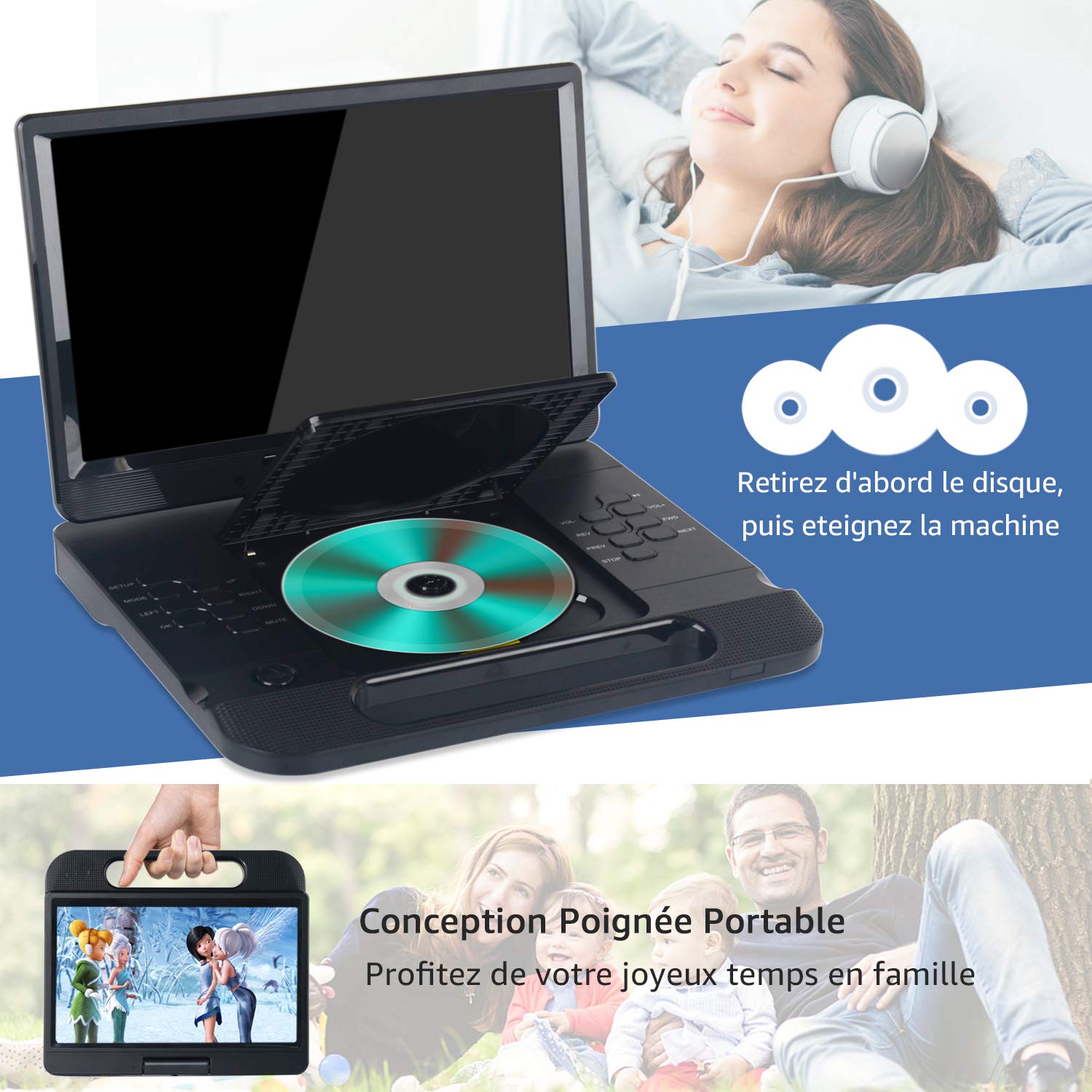 FANGOR Lecteur DVD Blu-Ray Portable 12 Pouces Accepte Full HD 1080P Dolby Audio, Batterie Rechargeable Intégrée, Supporte HDMI, AV in, USB/SD/MMC 4 Heures d'autonomie
