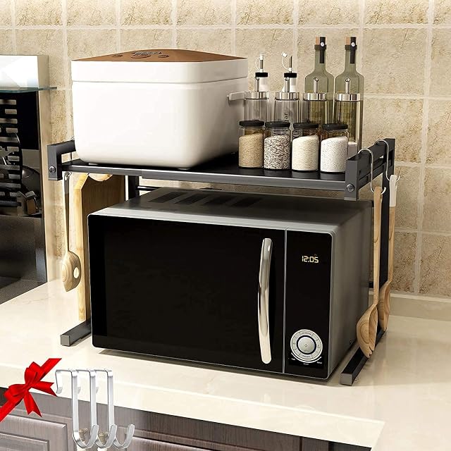 CruiseTech® 1 Tier Microwave Oven Rack Expandable and Height Adjustable Microwave Shelf Kitchen Counter Shelf and Organizer with 3 Hooks Carbon Steel Capacity Matte Black