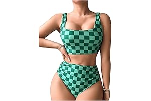 Women's Plaid Print Square Neck Tankini Sets Two Piece Bathing Suit