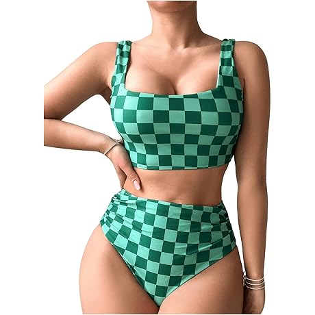 Women's Plaid Print Square Neck Tankini Sets Two Piece Bathing Suit