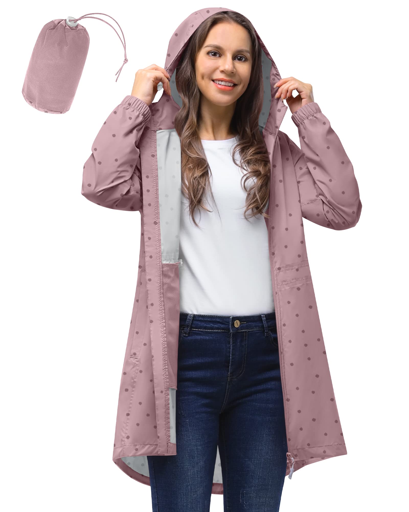33,000ft Women's Rain Jacket Lightweight Hooded Long Rain Coat Waterproof Jacket Ladies Packable Functional Jacket Windbreaker Breathable Active Outdoor Coats