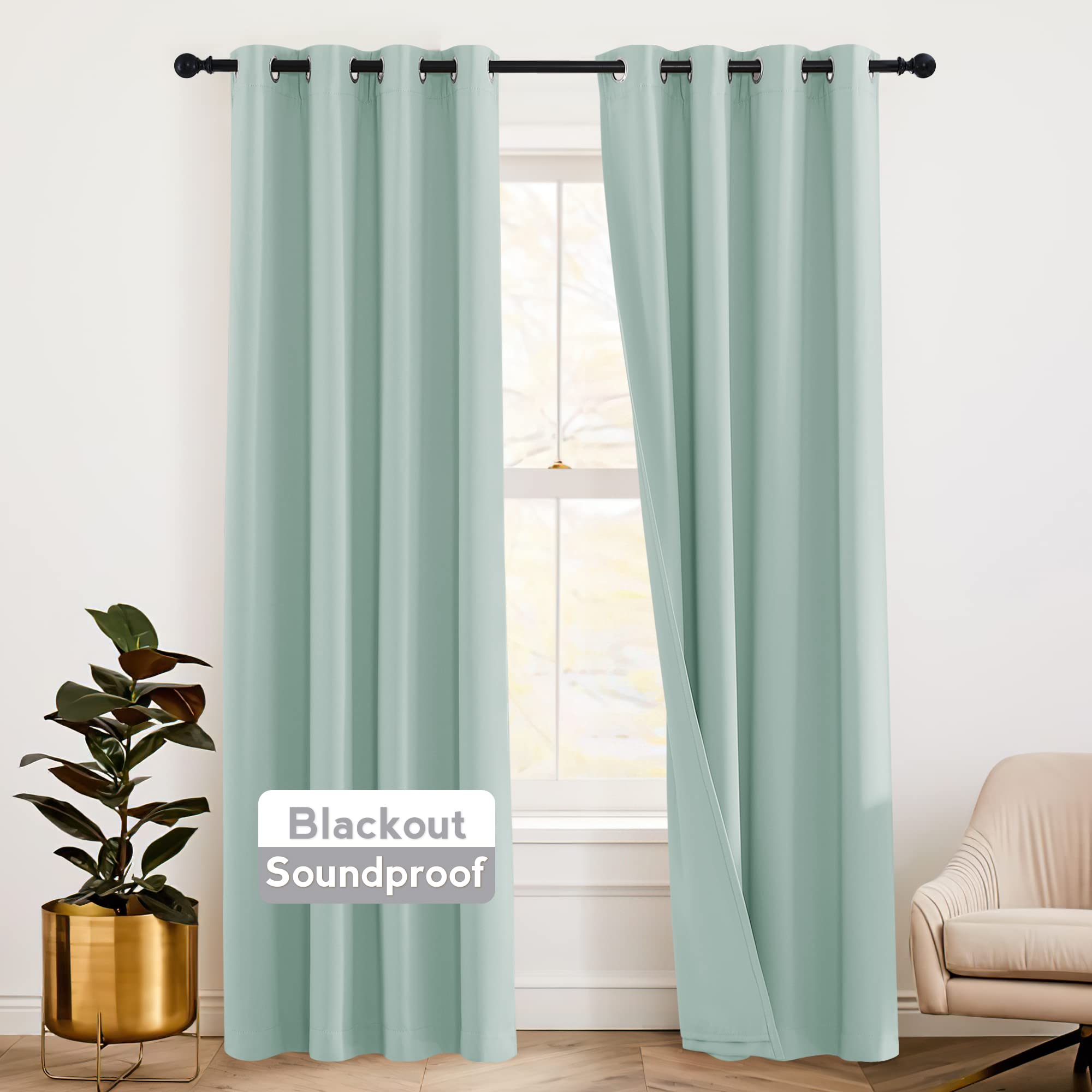 RYB HOME Soundproof Curtains for Bedroom - Light Block Noise Reducing Curains 3 Layers Inside Detachable Felt Liner Acoustic Drapes for Living Room, W