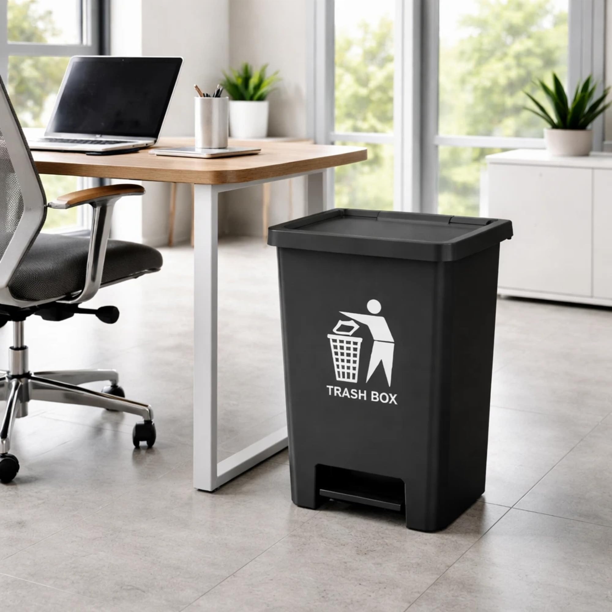 DUAS Recycling Pedal Bin Kitchen Waste Trash Can 50L / 80L – Large Plastic Rubbish Bin with Foot Pedal Lid, Soft Close, Modern Black Waste Bin for Home Office Indoor Outdoor Use (Black, 80L)