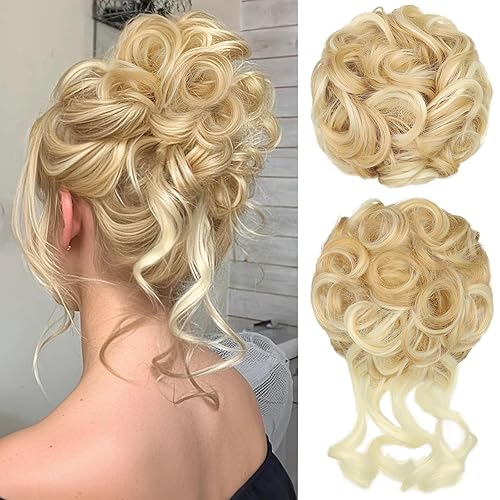 RONTAYA 2PCS Messy Bun Hair Piece Wavy Curly Synthetic Updo
