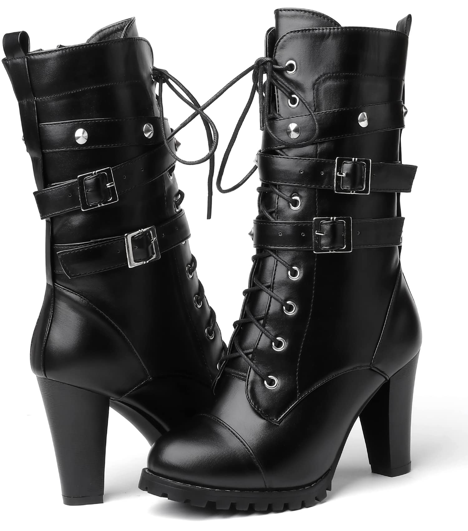 Susanny High Heel Boots for Women,Womens Platform Boot Heels Sexy Round Toe Lace UP High Heels Mid Calf Boots - 8 Black-m