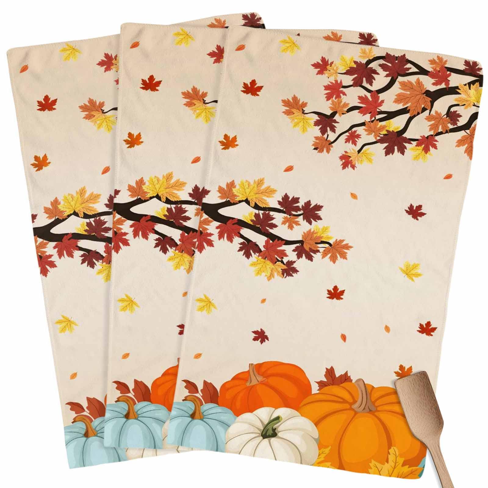 Fall Kitchen Towels Orange Pumpkin Thanksgiving Hand Towels Maple Leaf Tree Dish Towel Cleaning Cloth Soft Absorbent Quick Drying 3 Pack Dish Cloths for Kitchen, Bathroom Autumn Decoration