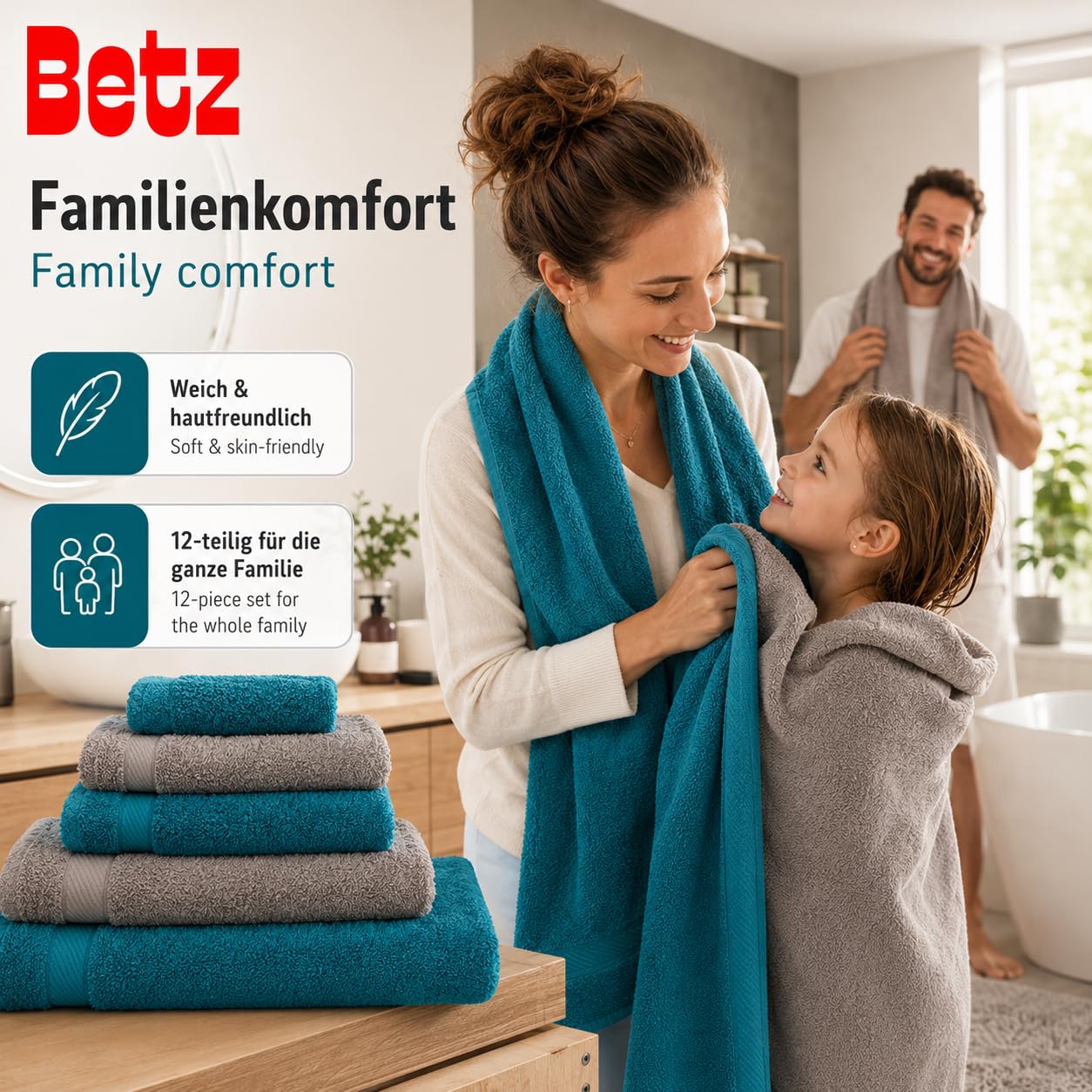 Betz Lot de 12 pièces 100% Coton Palermo 2 draps de Bain 4 Serviettes de Toilette 2 d'invités 2 lavettes 2 Gants de Toilette Couleur Bleu pétrole et Gris Pierre