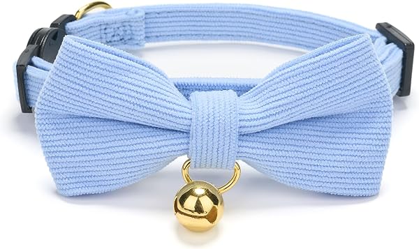 Ultra-soft Collar Natural Cotton Corduroy Made for Cats with Sensitive Skin,Lightweight Kitten Collars with Quick-release Buckle and Removeable Bow-tie,Light Blue Pack of 1 - 1
