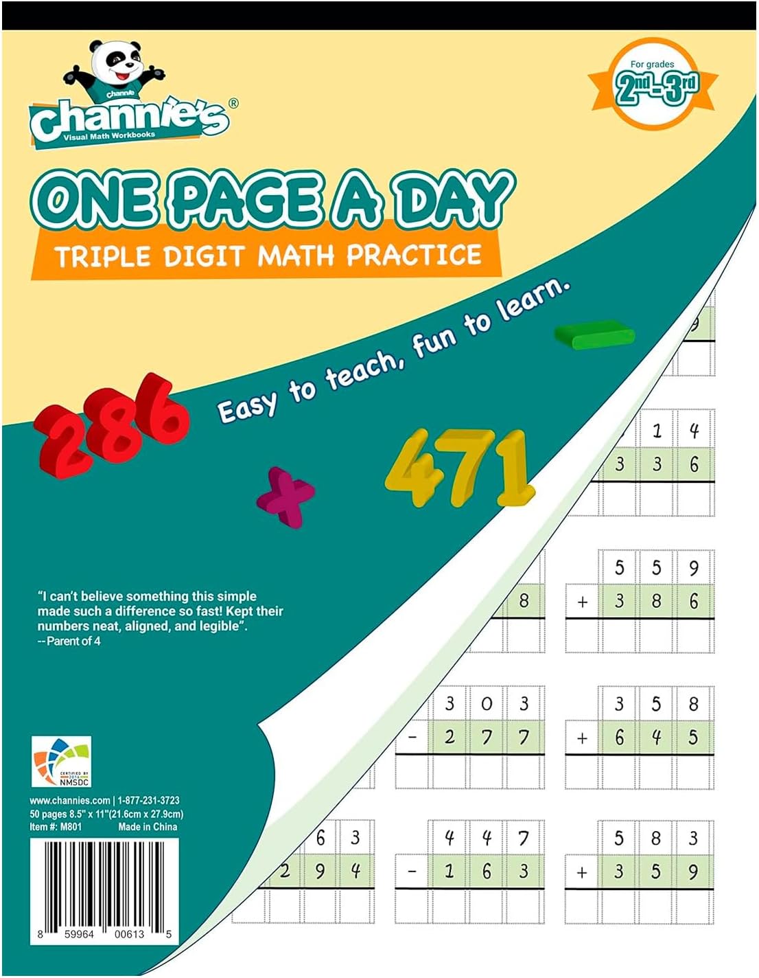Channie's One Page A Day Math Workbook, Triple Digit Math Practice Worksheets, 50 Pages Front and Back, 25 Sheets, Grades 2nd and 3rd, Addition and Subtraction workbook , Size 8.5” x 11”