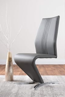 Furniturebox UK 2x Willow Modern Luxury Premium Chrome Metal Z zigzag Faux Leather Stylish Dining Chairs Set (Grey)
