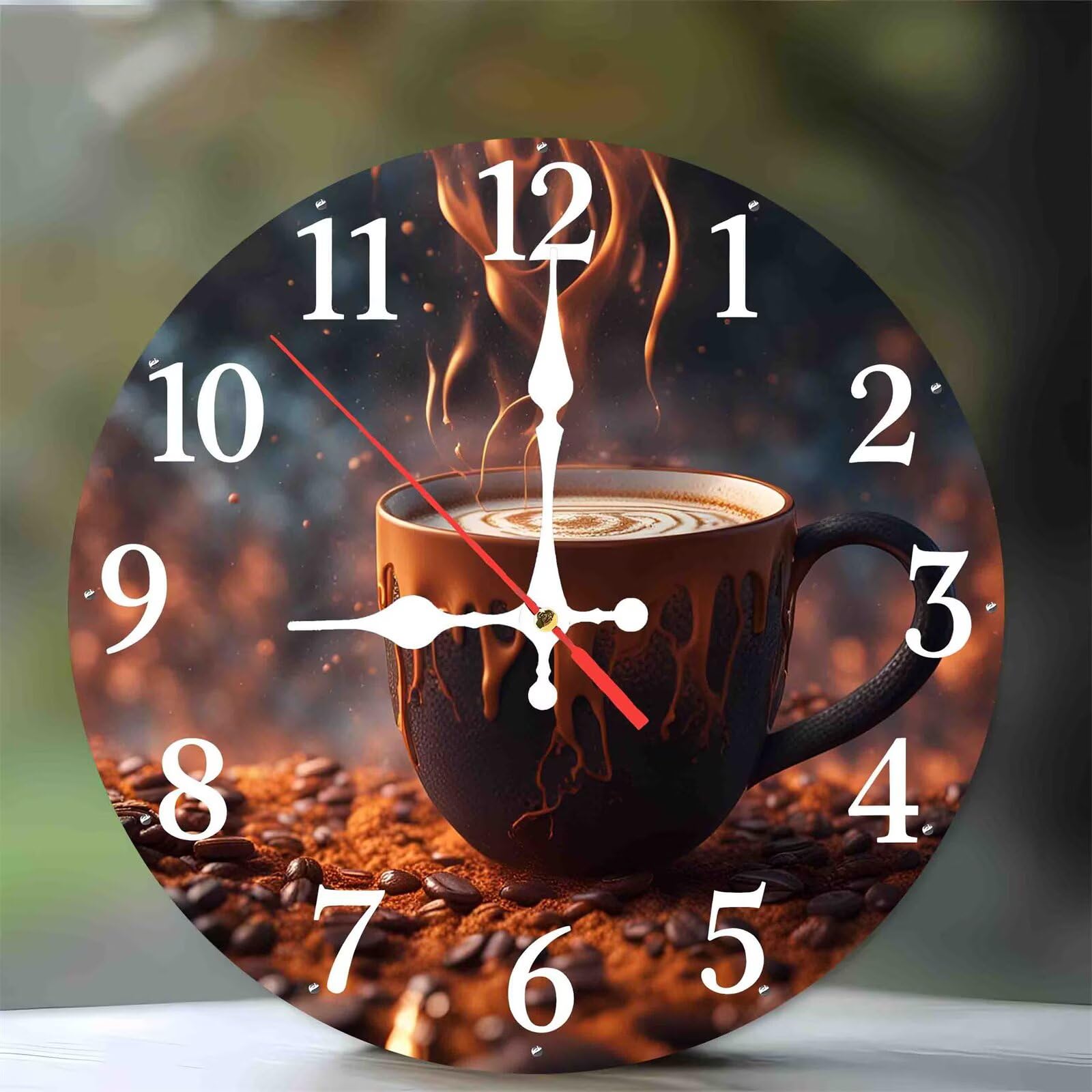 Horloge murale de 35 cm motif café en bois silencieuse pour la cuisine et le salon