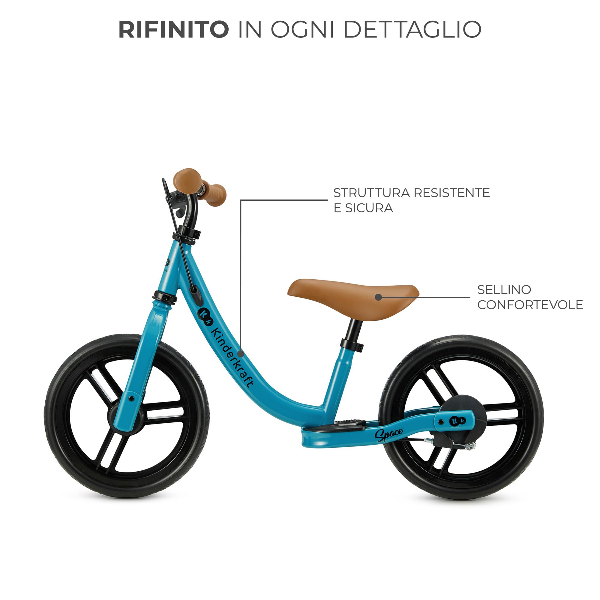 Kinderkraft SPACE2 Bicicletta bambini 3-5 anni, Bici senza pedali, 12 polici ruote, Design sportivo, Regolazione della sella, Montaggio facile, Struttura leggera