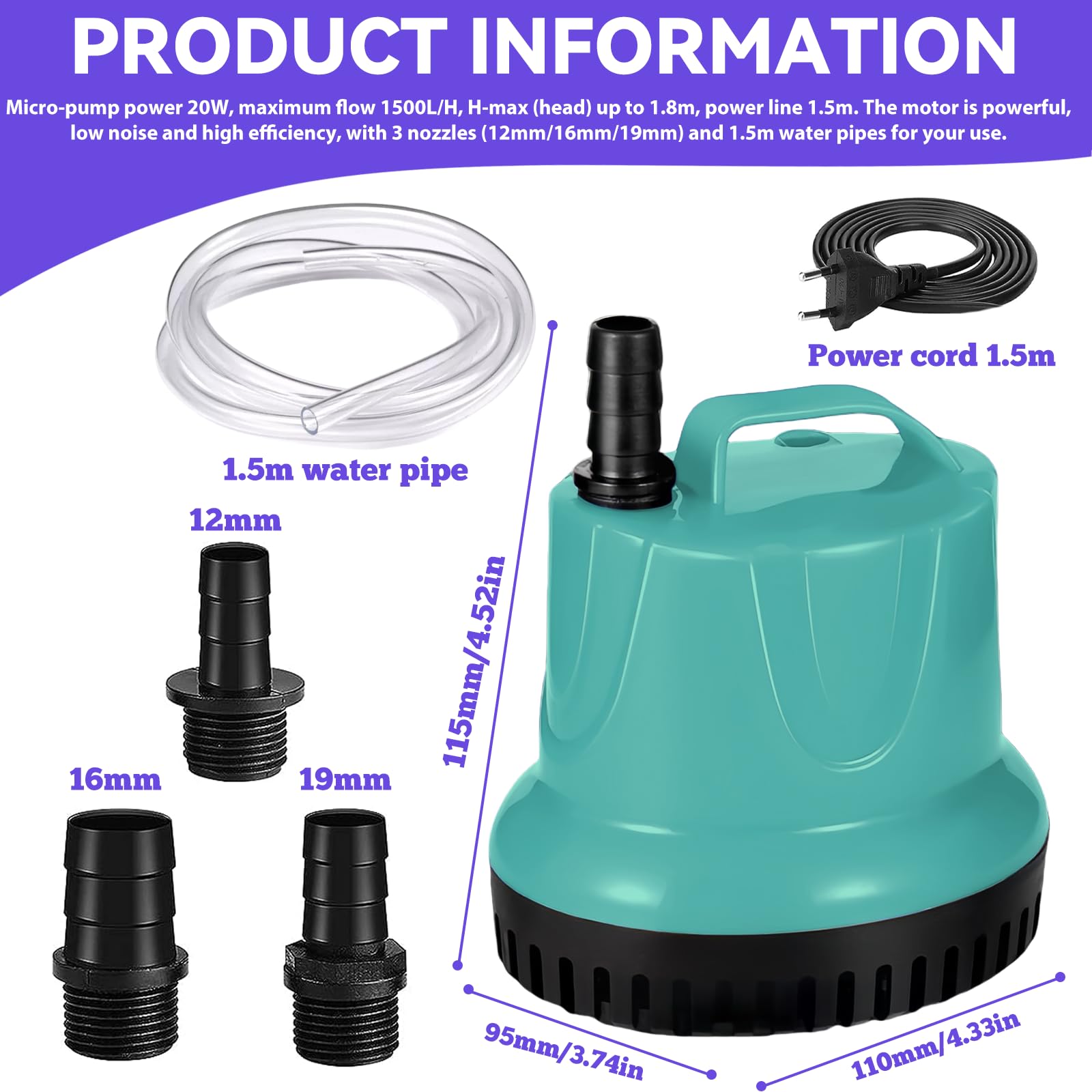 Mini pompe à eau 20W 1500L/H pompe submersible : WIYETY pompe à eau d'aquarium, pompe de bassin, avec 3 buses et tuyau de 1,5 m, pompe submersible d'aquarium ultra silencieuse pour bassins, aquarium