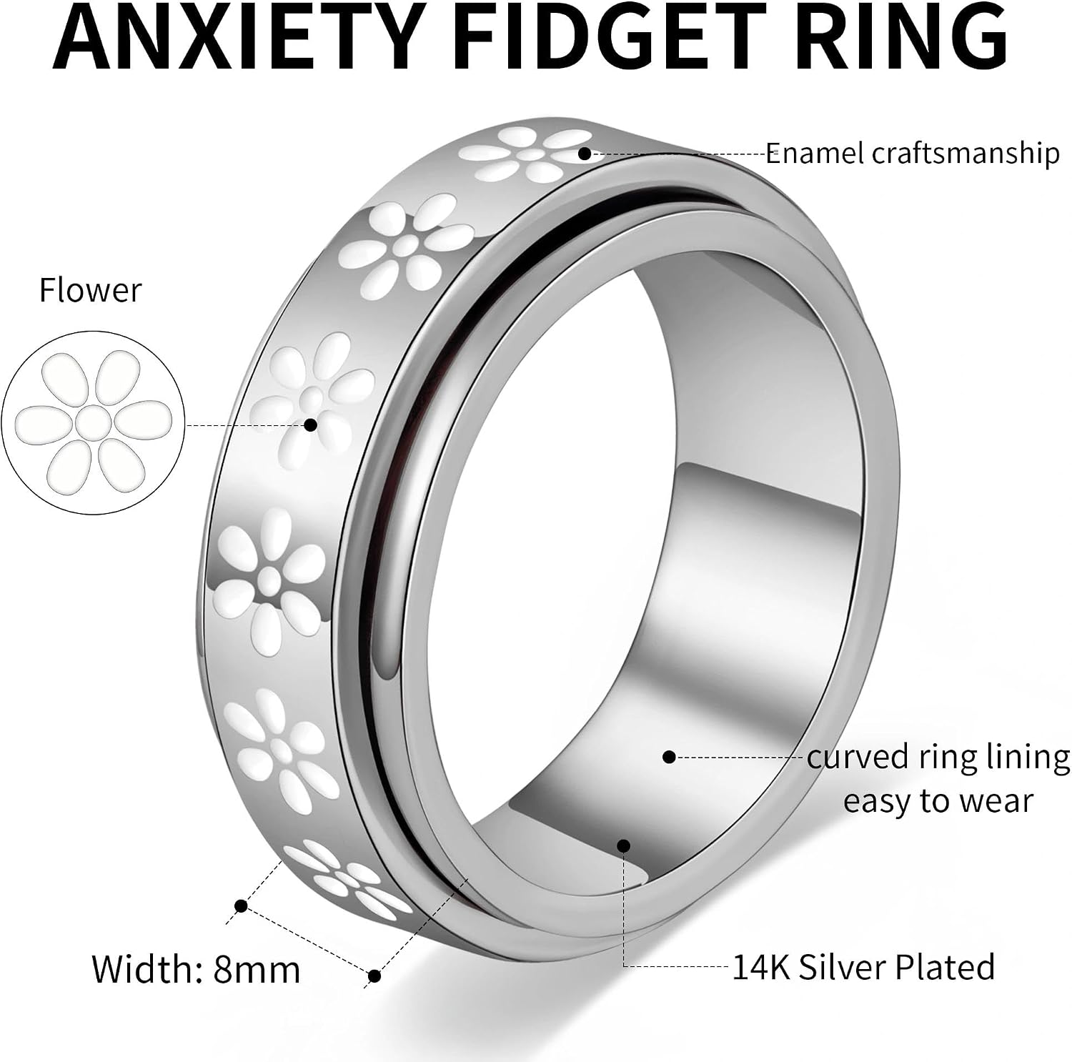 Fidget Anxiety Rings for Women 14K Gold Silver Plated Spinner Band Ring 8mm Thick Stainless Steel Statement Rings Jewelry Gifts Size 6-10