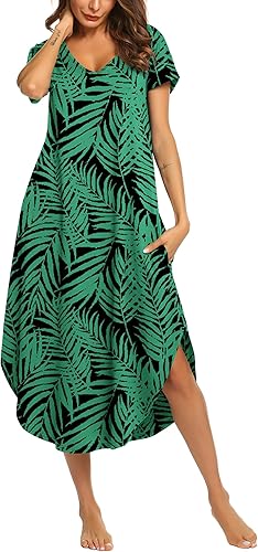 Ekouaer - Camisones largos para mujer con manga corta, vestido de casa con bolsillos, cuello en V, abertura lateral, ropa de dormir S-4XL