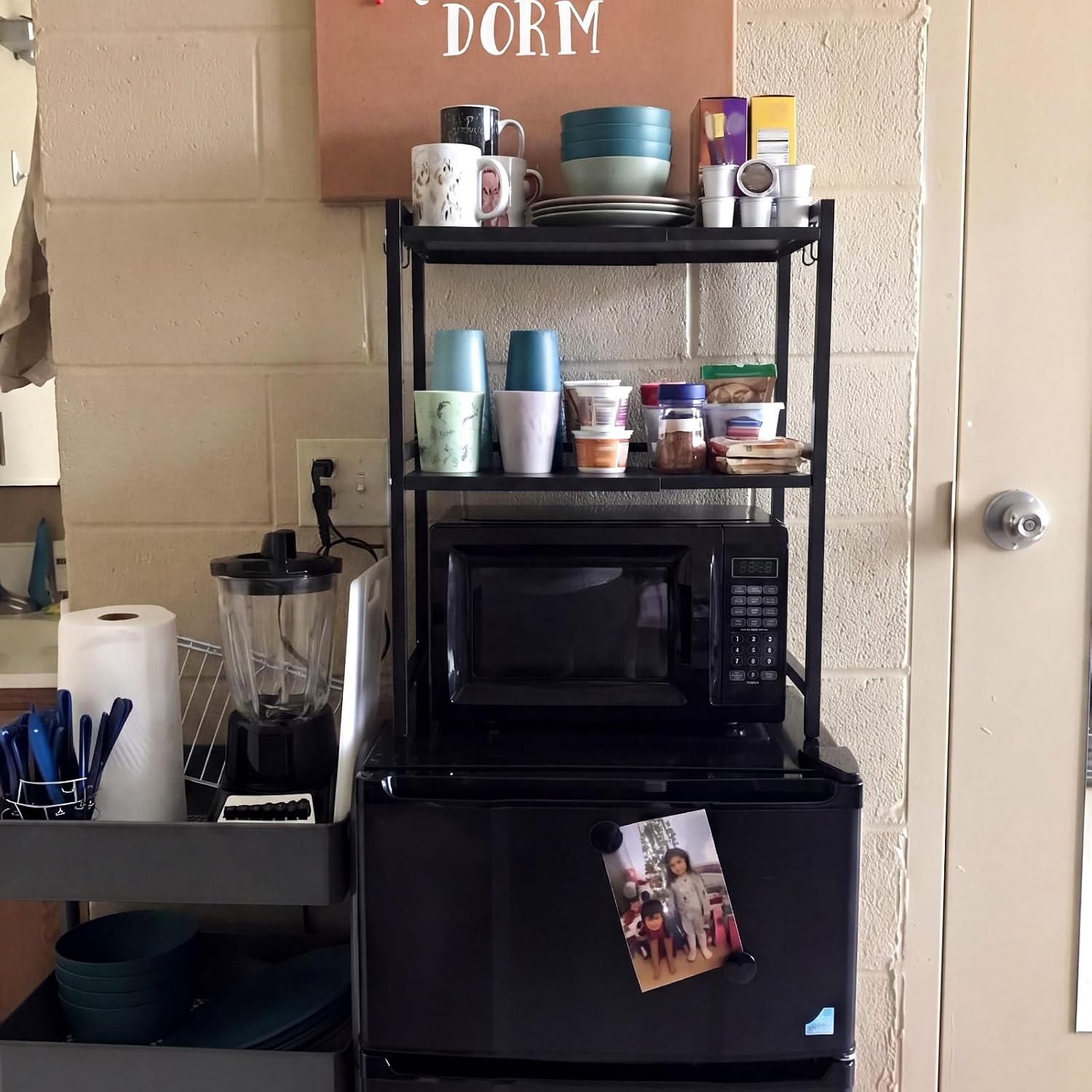 Geetery Expandable 2 Tier Mini Fridge Stand with Storage for Dorm Microwave Stand Over Mini Fridge Storage Shelf 15"-26" Kitchen Countertop Organizer with 6 Hooks College Rooms Kitchen
