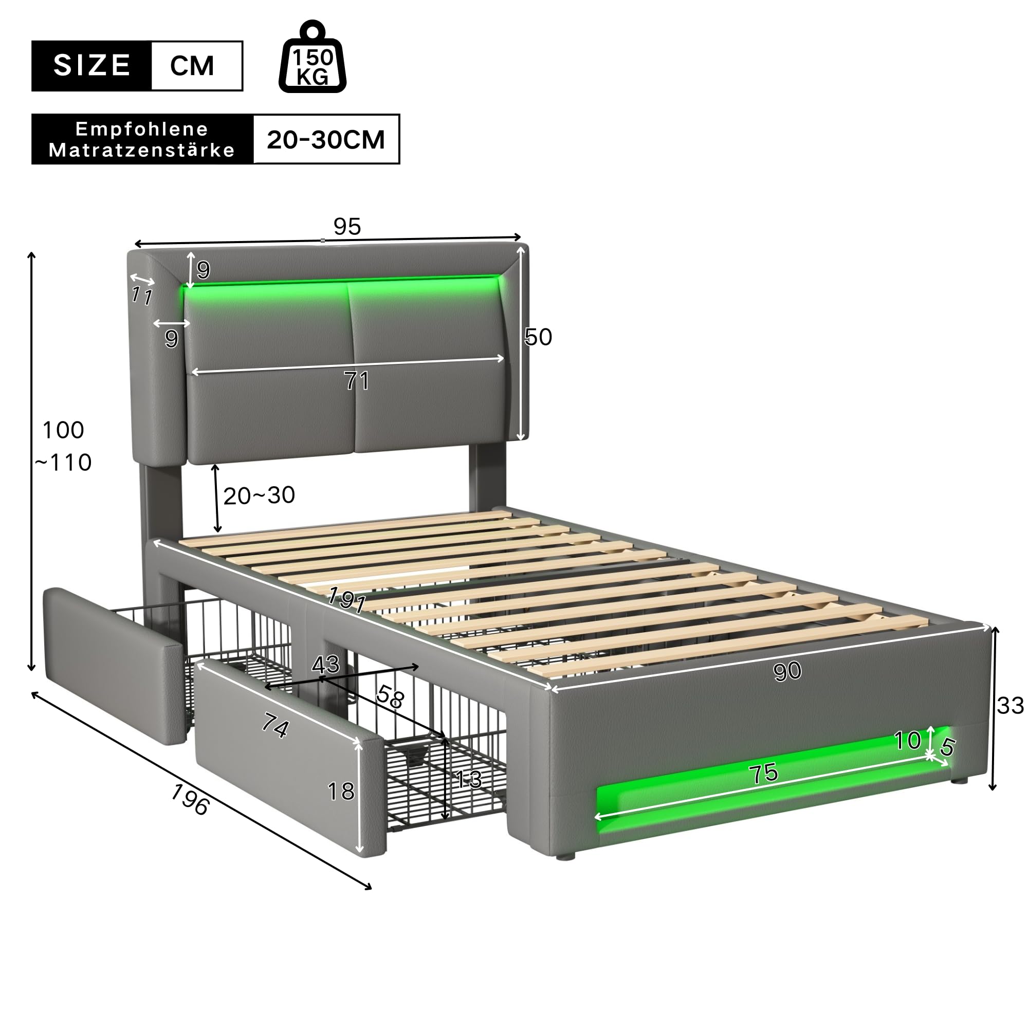 Letto imbottito con porta USB, illuminazione a LED, 90 x 190 cm, 4 cassetti, in pelle PU, grigio, ricarica wireless e cablata, rete a doghe