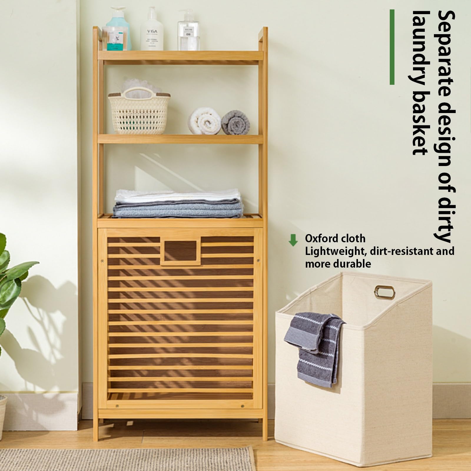 Wäschekorb Bambus, Badschrank mit 2 Ablagen für Badaccessoires als Wäschebehälter mit ausklappbarem Wäschesack Wäschetruhe Einfach zu Montieren für Badezimmer Schlafzimmer Wohnheime(40x30x95cm/