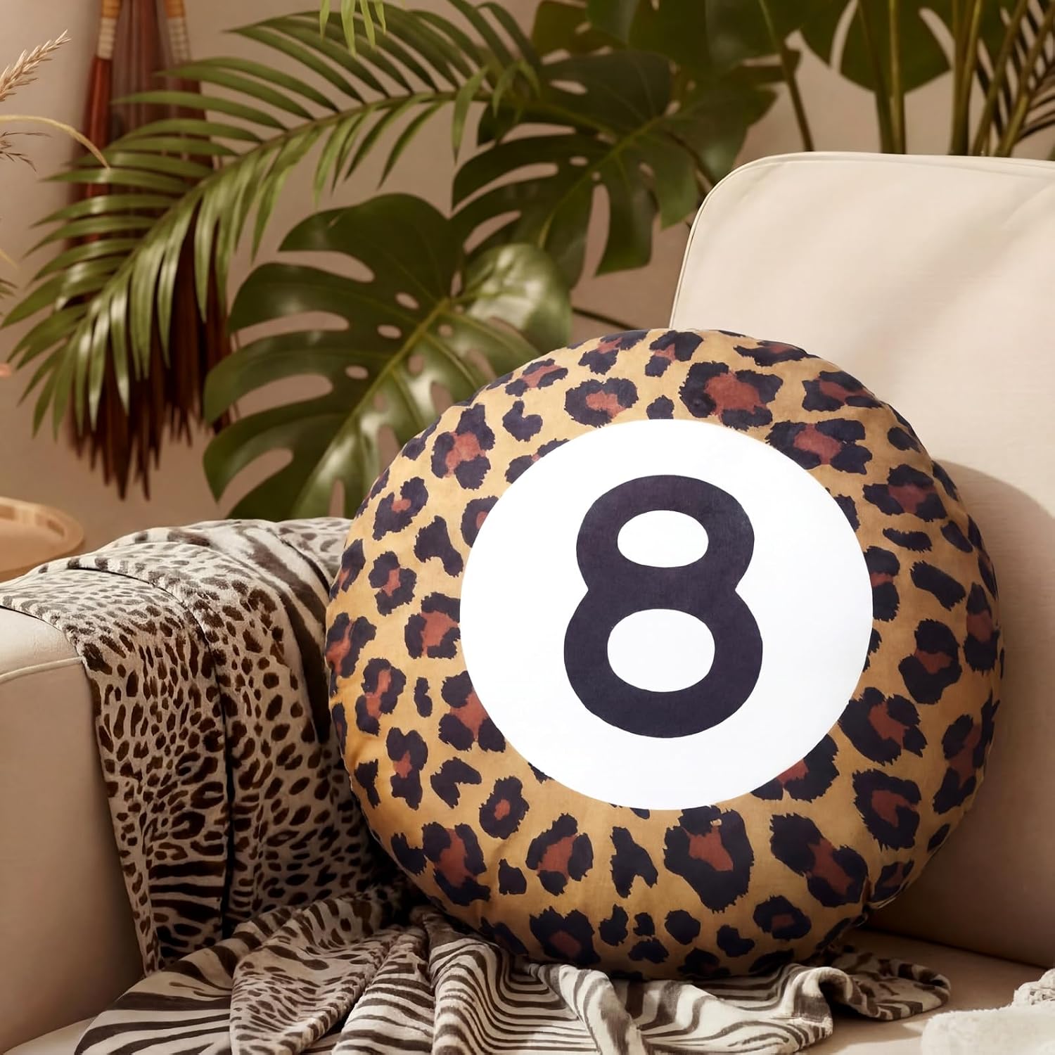Yousoontic Cheetah 8 Ball Throw Pillow 12.6" Holland Velvet Leopard Print 8 Ball Billiard Throw Pillow Soft Round Trendy Decorative Cushion for Home Bed Sofa Couch Bedroom Living Room Decor