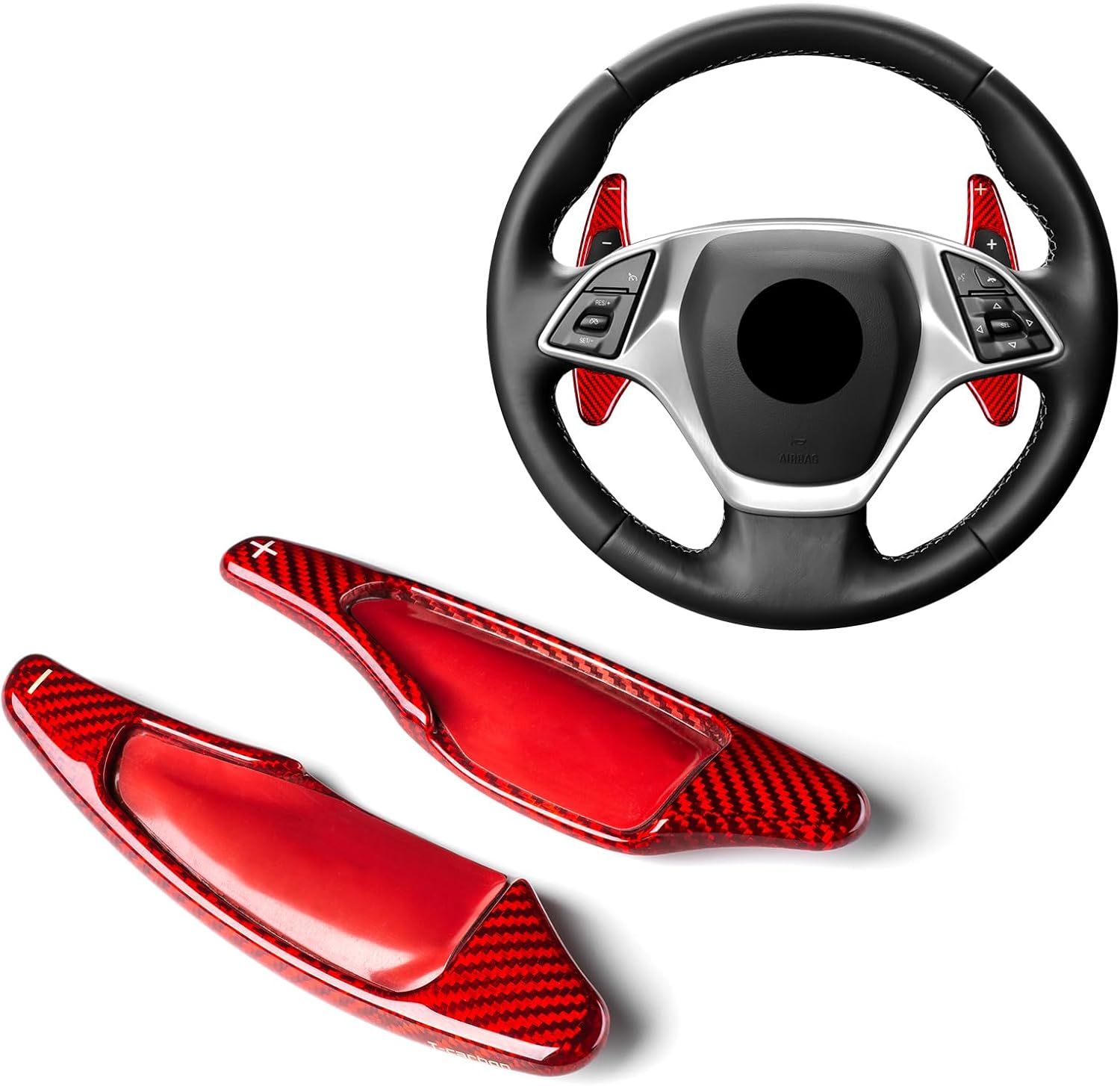 T-carbon Steering Wheel Paddle Shifter Extensions Fits Chevrolet Camaro 2016 2024 2025,Real Glass Fiber Paddle Shifter Cover Fits Chevy C7 Corvette 2014-2019 Gear Shift Trim Interior Accessories RED