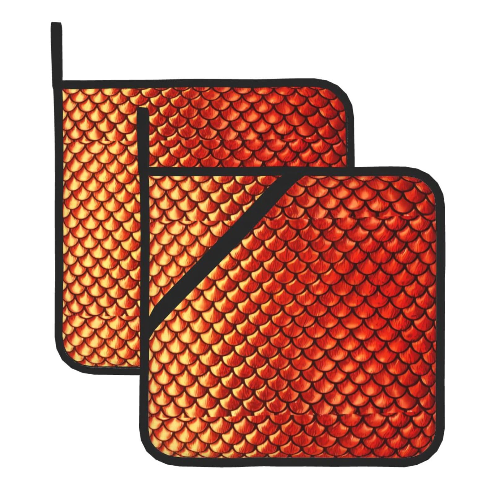 WHJDPP red fish scale Prints Square Hot Pads for Kitchen - Waterproof Pot Holders Set of 2, Durable Trivets with Pocket & Hanging Loop for Hot Dishes & Oven Use