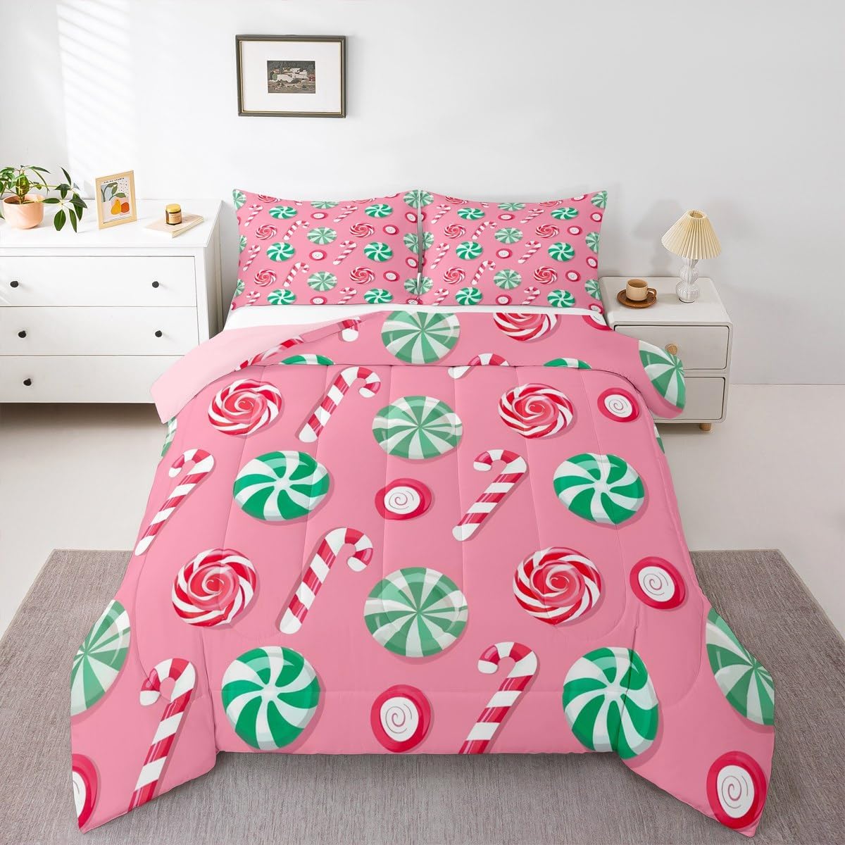 Feelyou Christmas Comforter Set Queen Size Candy Bedding Set for Kids Boys Girls Xmas Theme Duvet Quilt Bedroom Decor Microfiber 3 Pcs with 2 Pillow Cases