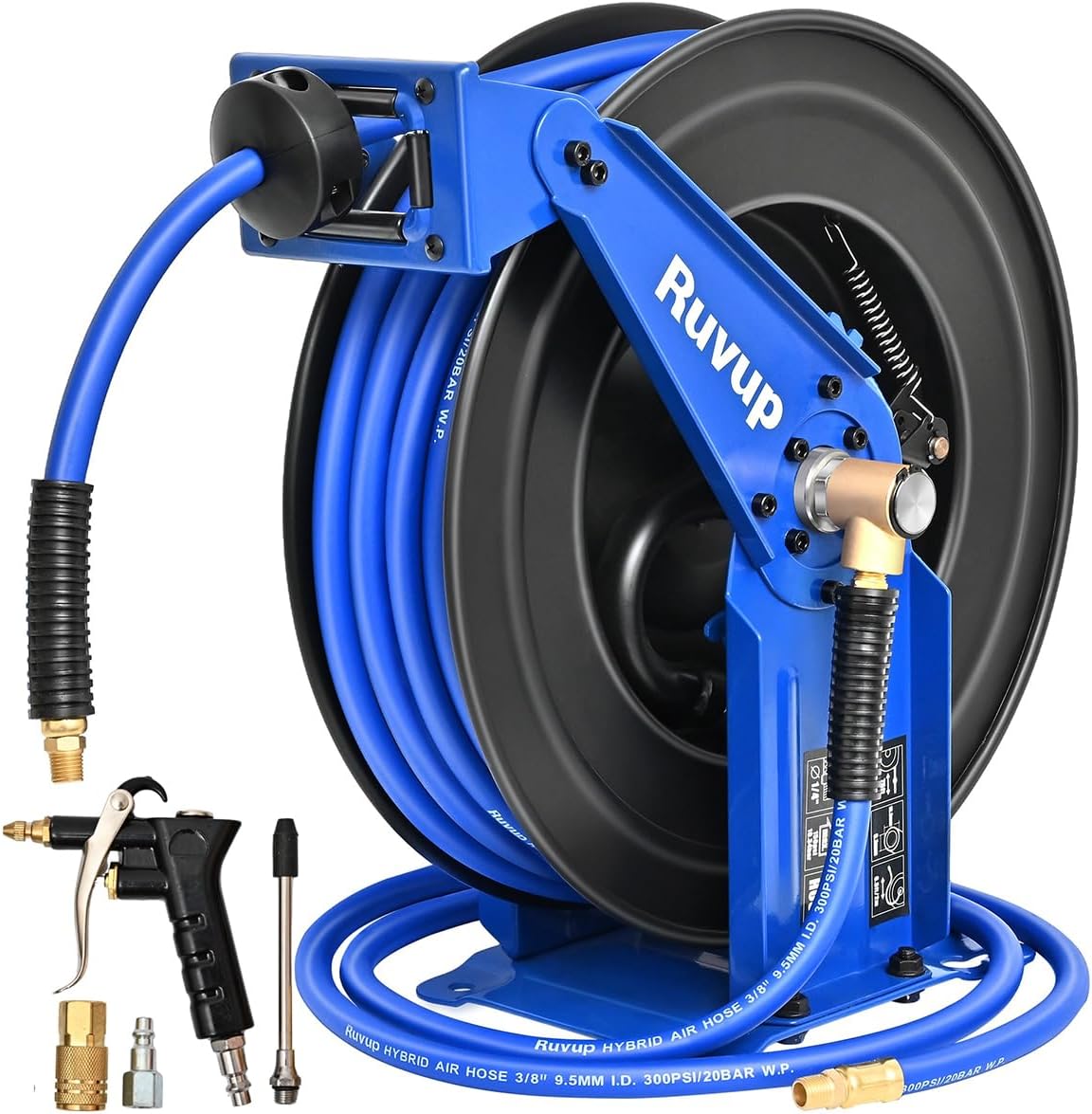 Ruvup Retractable Air Hose Reel, 3/8" x 75ft Air Compressor Tools Hose Reel Auto Rewind Hybrid Hose Max 300PSI with 6.5ft Lead Hose Heavy Duty Steel with 12-Position Ratchet Lock Accessory Kit