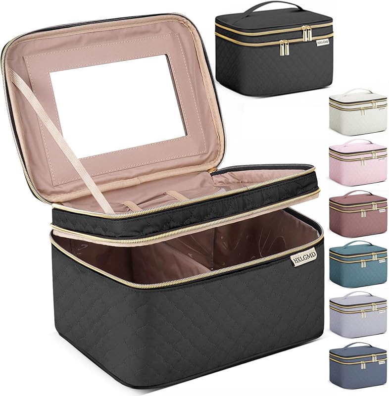 Necessaire de maquiagem HXLGMD preta com espelho, compartimento duplo e divisórias para pincéis
