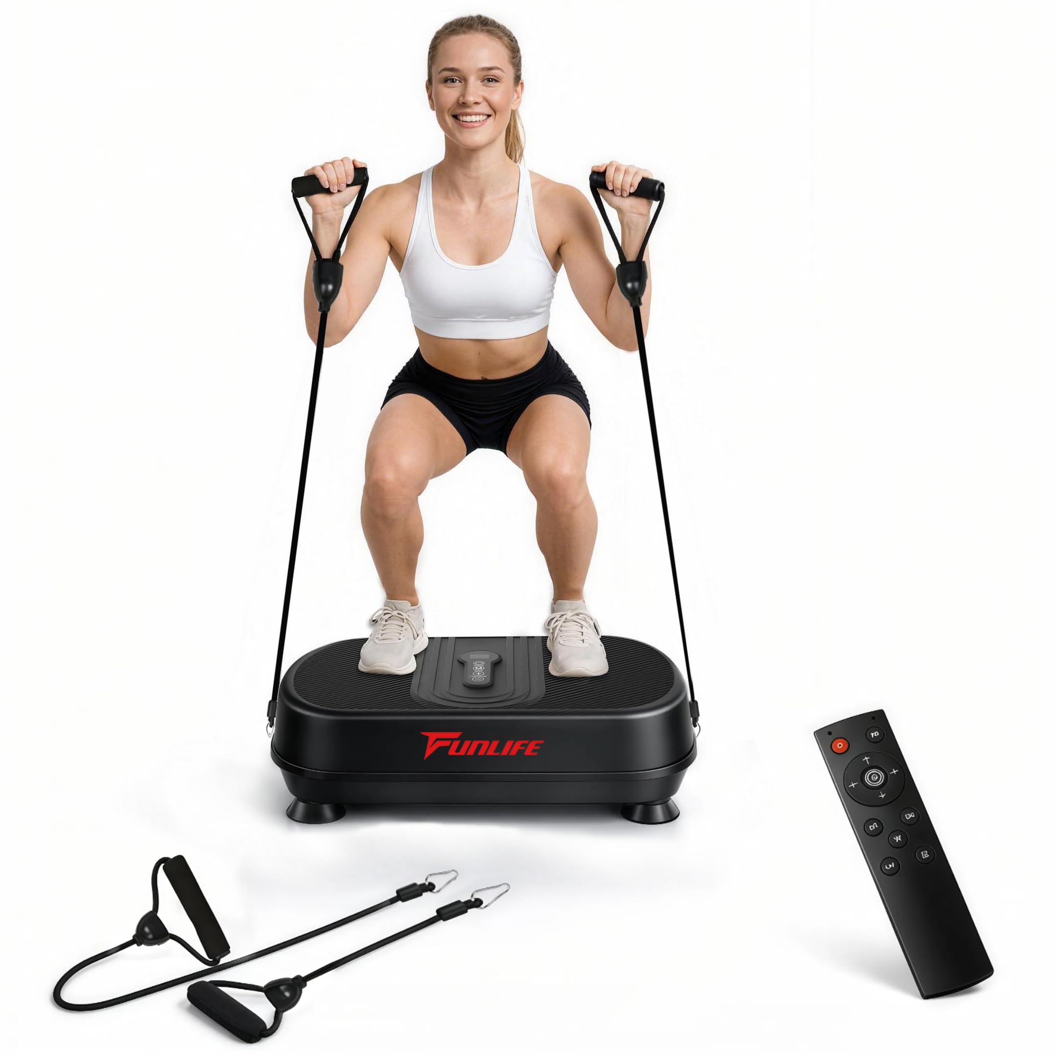 Funlife Plaque vibrante 120 kg, 180 niveaux, 5 programmes et manuel, Bluetooth et haut-parleur, plaque de fitness avec cordes d'entraînement pour l'entraînement de tout le corps