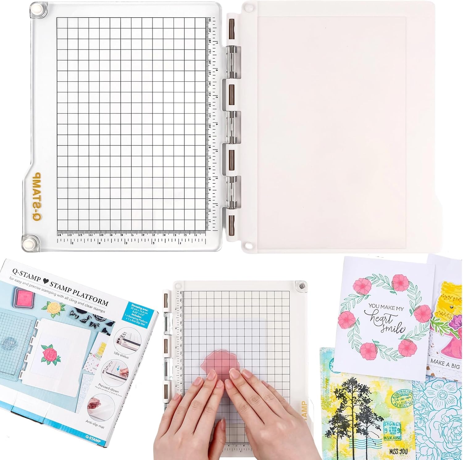 Q-STAMP Stamp Positioning Tool, 9.3x8 Inch Acrylic Stamp Positioner with Grid Lines, Stamps Platform with Grip Mat for Card Making Scrapbooking Accurate Craft Stamping Inking Journaling & Paper Crafts