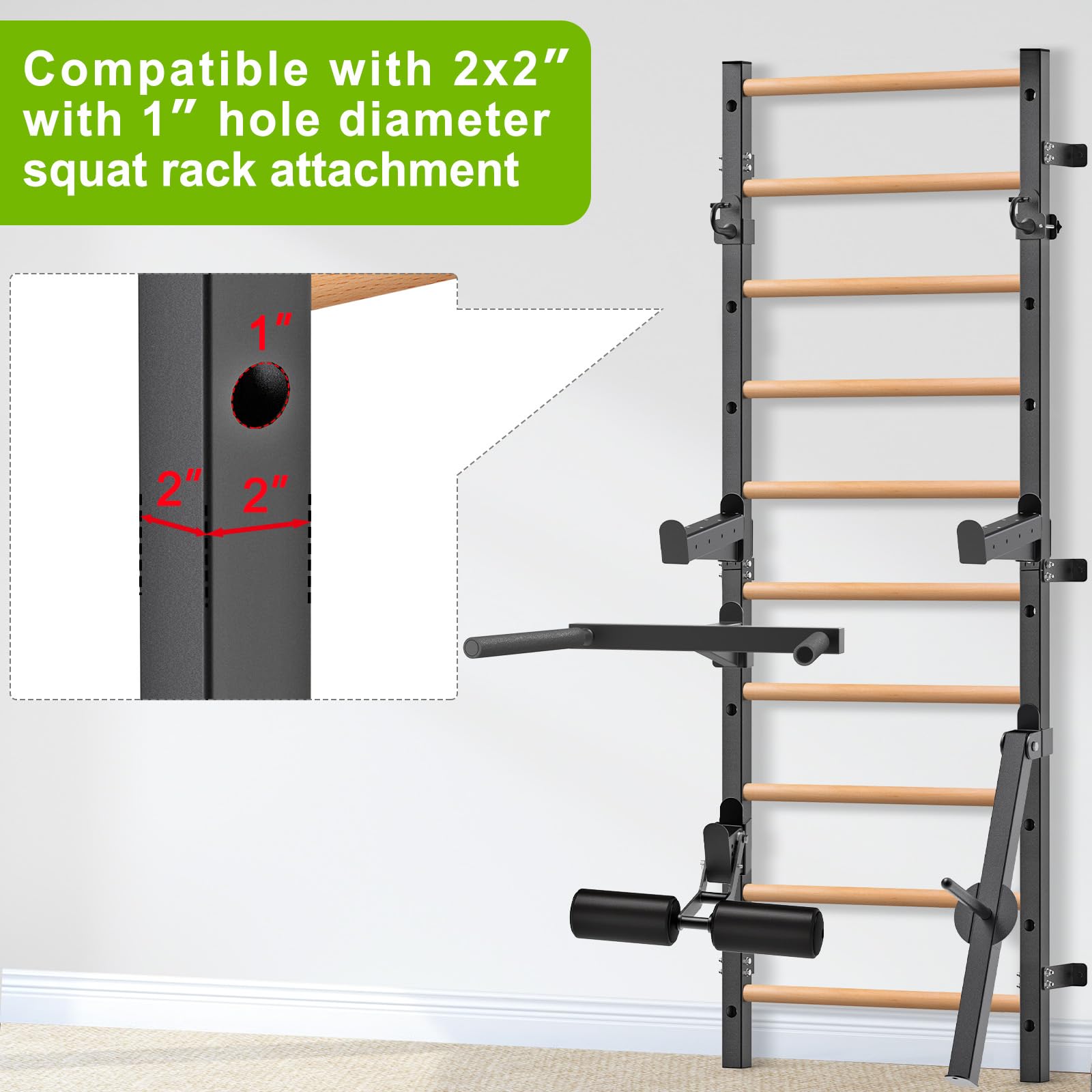 Kipika Turnreck – 5,1 x 5,1 cm schwedische Leiter mit 2,5 cm Loch, wandmontierter Klimmzugstangen-Leiter-Schlingentrainer, Gymnastik-Trainingsreck mit Massivholzgriffen für Zuhause, Wandturnhalle