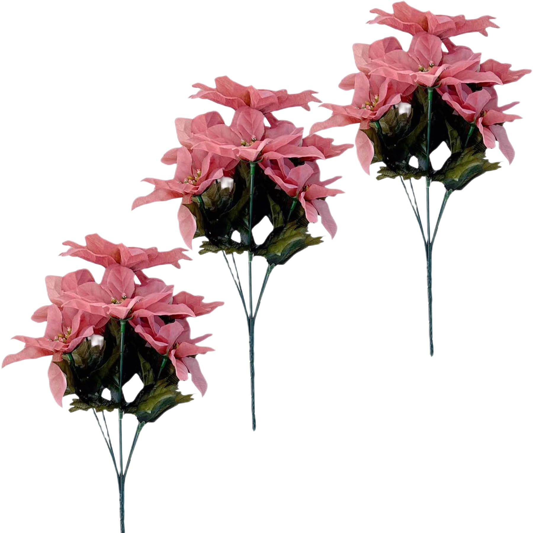 Poinsettia Artificial Flowers 7 Heads Artificial Poinsettia Bushes Fake Flowers Artificial Christmas Flower Silk Poinsettia Arrangement for Christmas Tree New Year Holiday Decoration (Pink, 3 PCS)