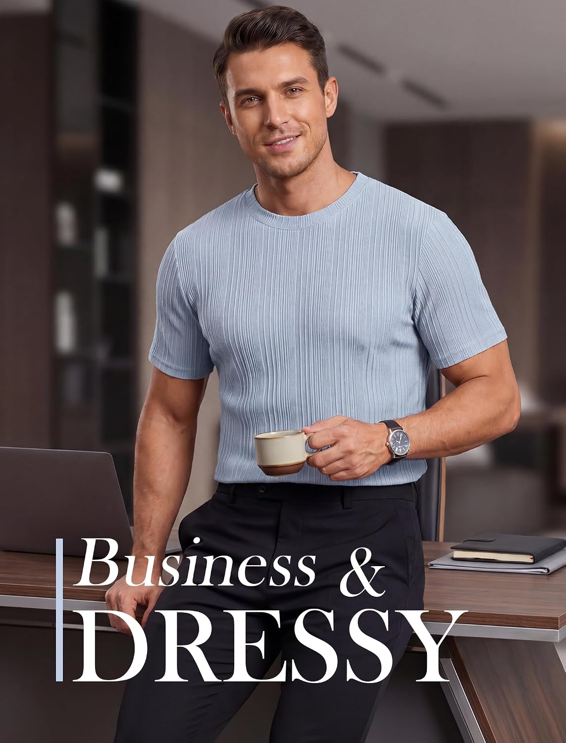 Gracyoga Men's T-Shirts Short Sleeve Knit Casual Ribbed Dress Tee Shirt | Breathable,Unique,Fashion,Stylish,Fitted,Styling,Dressy,Soft,Formal,Daily Wear,Streetwear,Outfit,from Office to After-Work