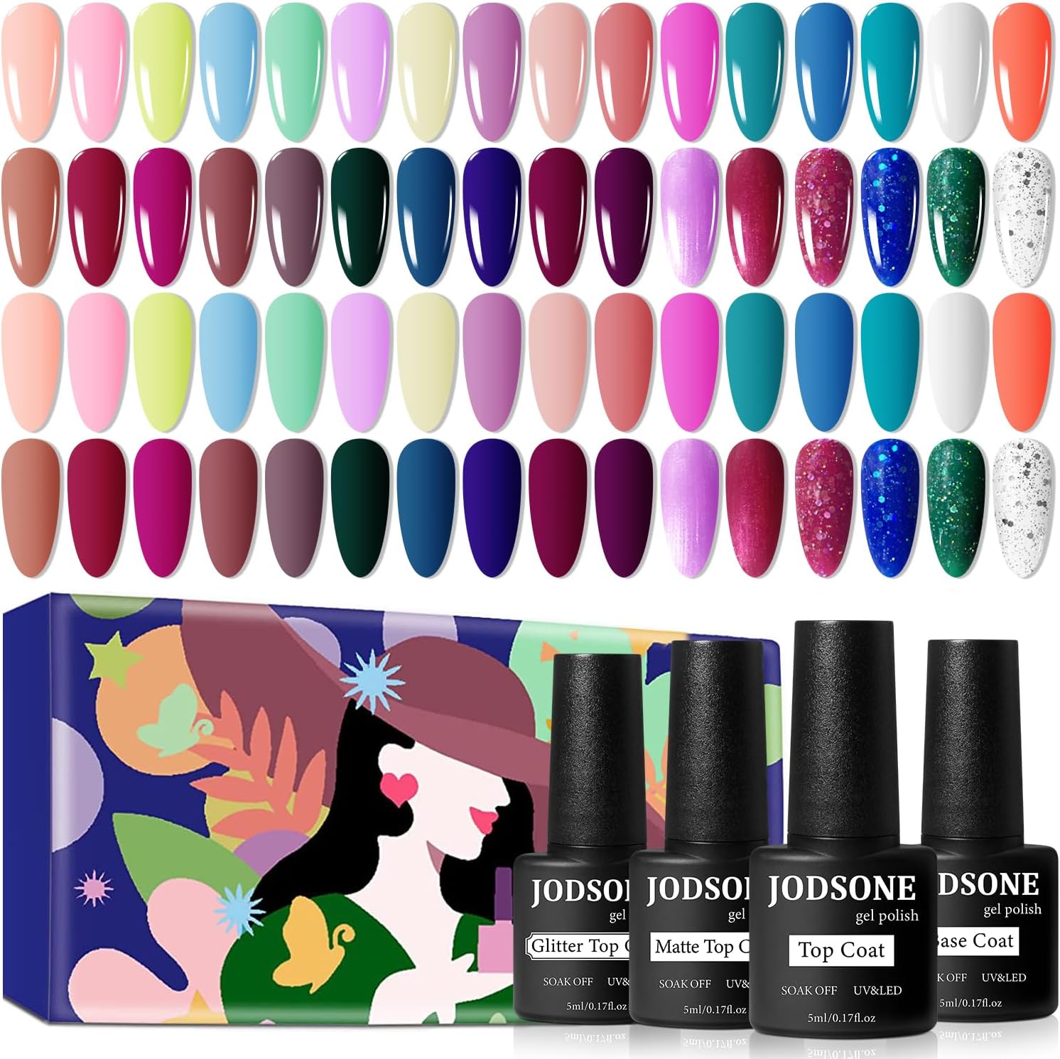 JODSONE 32+4 Pcs Gel Nail Polish Kit Soak Off Gel Polish Set Glitter Gel Nail Kit Nail Art Salon DIY at Home Manicure Kit