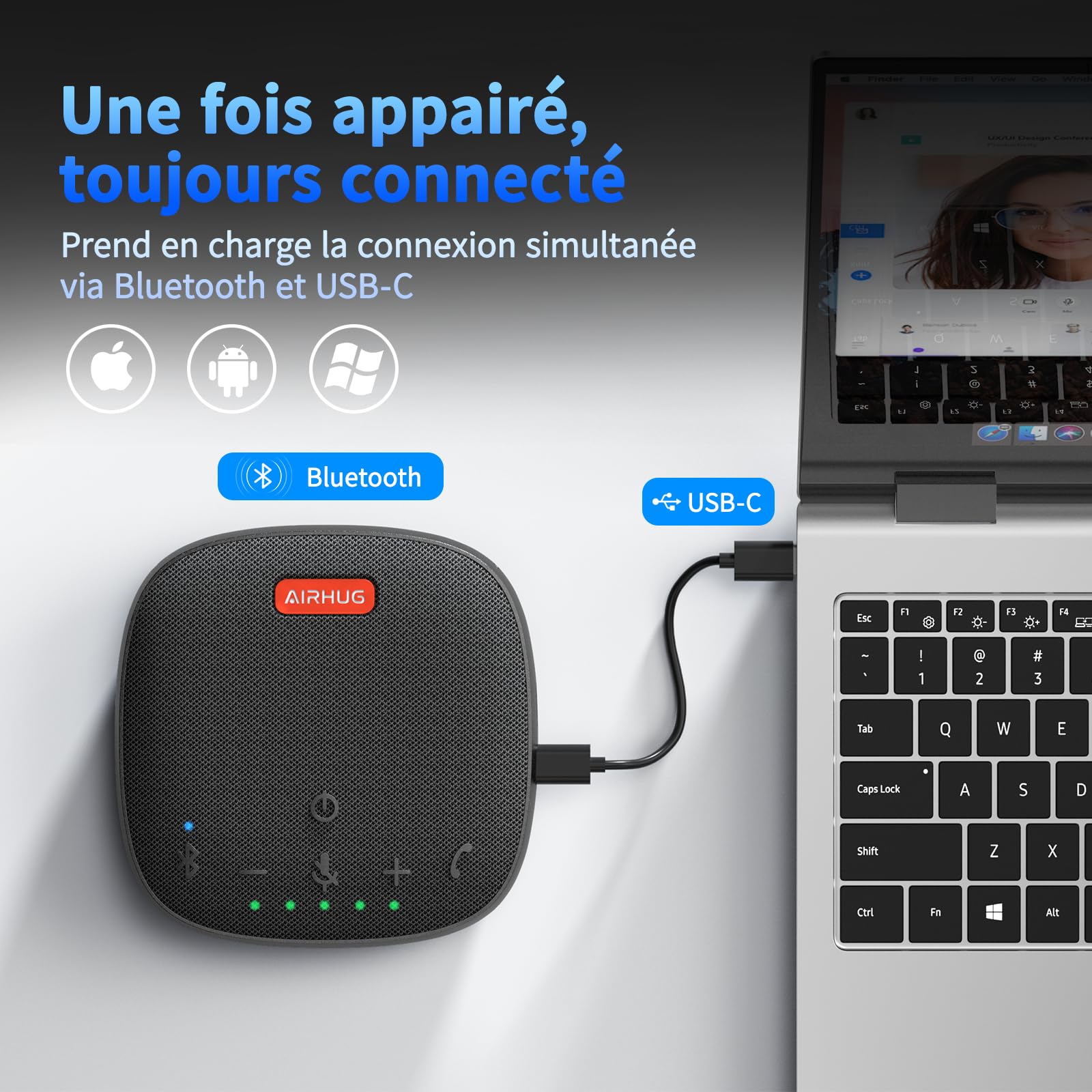 Microphone et haut-parleur de conférence AIRHUG, haut-parleur Bluetooth avec prise de voix à 360°, réduction avancée du bruit, USB-C Plug & Play, compatible avec Zoom et MS Team
