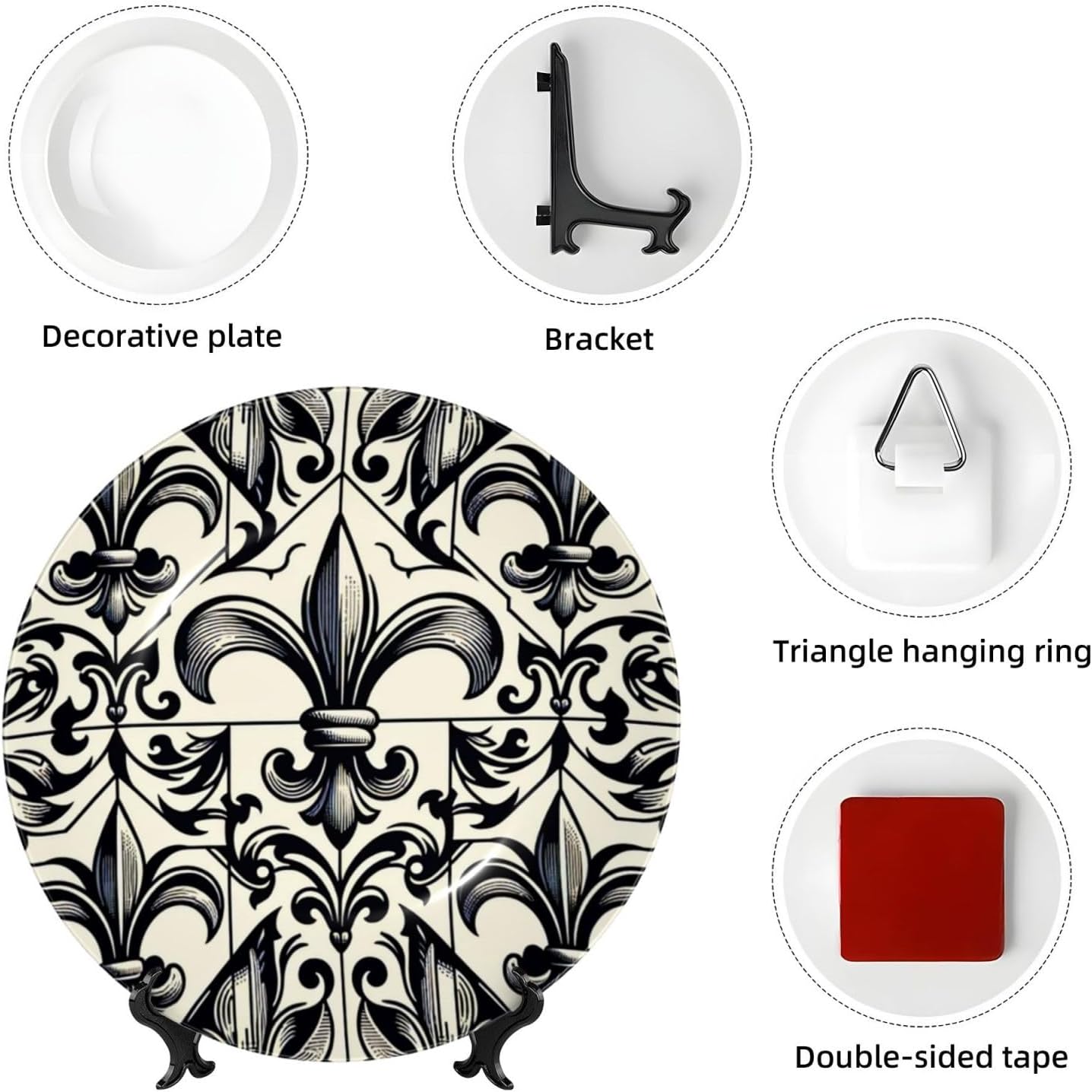 Black-Fleur-De-Lis-Royal 10 Inch Decorative Plate With Stand, Elegant Display Wall Plate For Home Decor