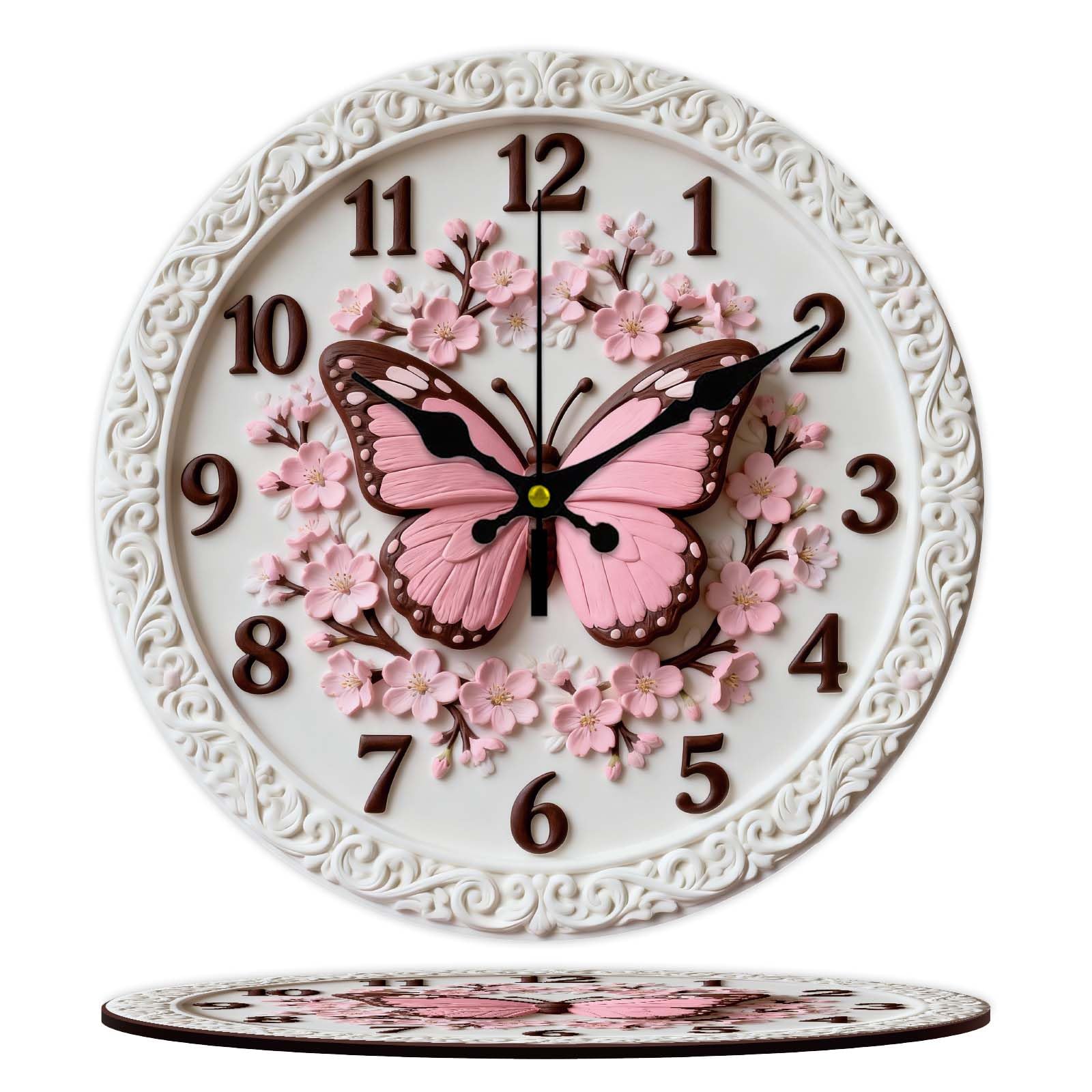 CONCHLERY Wall Clock Cherry Blossoms Butterflies 12 Inch