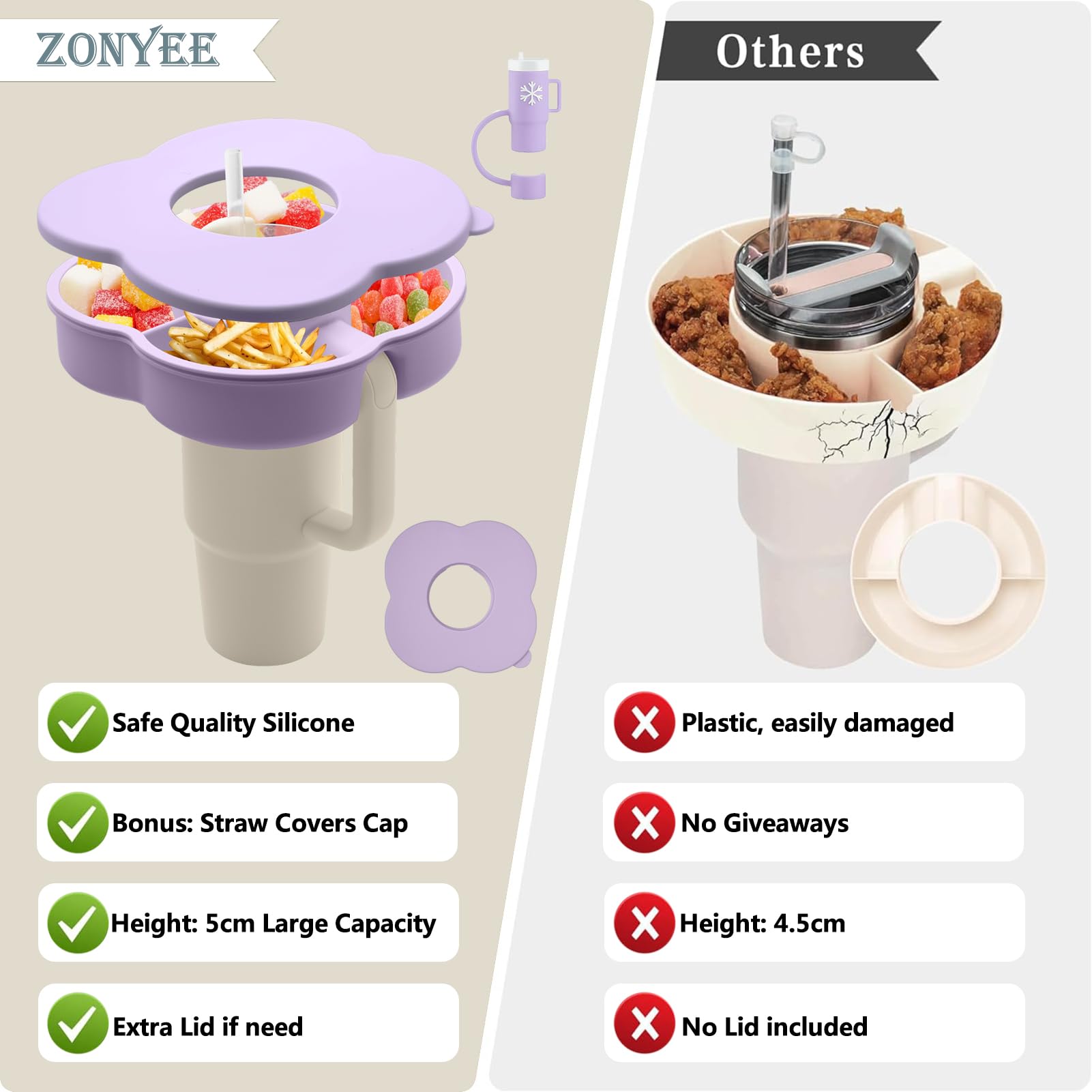 Snack Bowl with Lid for Stanley 40oz Tumbler with Handle, Silicone Reusable Snack Tray Snack Ring for Stanley Cup Accessories,: Zonyee Snack Bowl with Lid for Stanley 40oz Tumbler with Handle, Silicone Reusable Snack Tray Snack Ring for Stanley Cup Accessories, Lilac