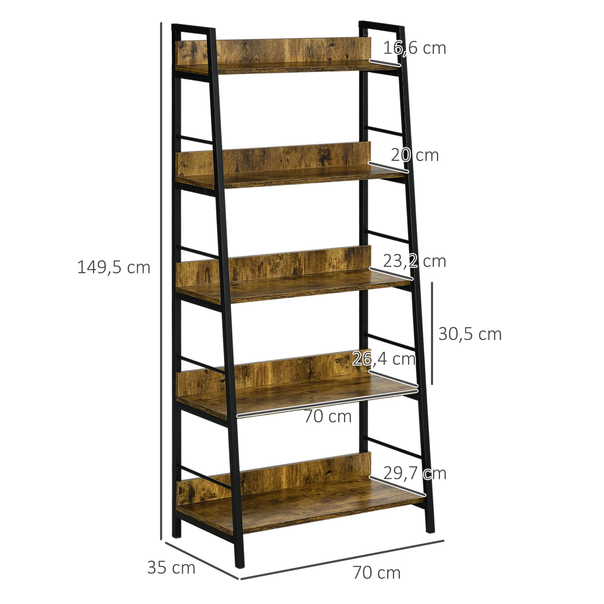 HOMCOM Étagère bibliothèque Style Industriel incliné 5 Niveaux 70L x 35l x 150H cm