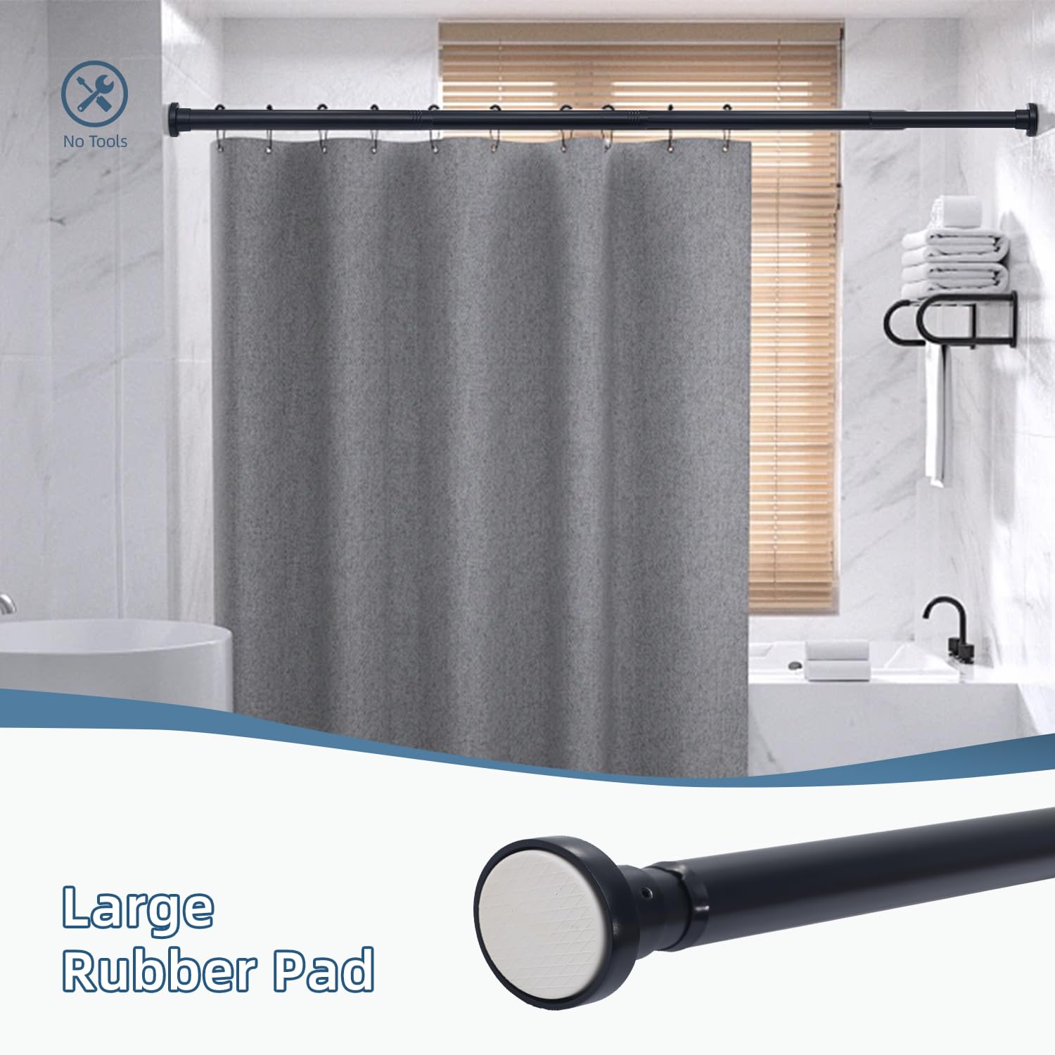 Tringle à rideau de douche réglable de 76 cm à 144 cm de diamètre - Noir - Barre de tension à ressort pour salle de bain - Sans perçage - Antidérapante