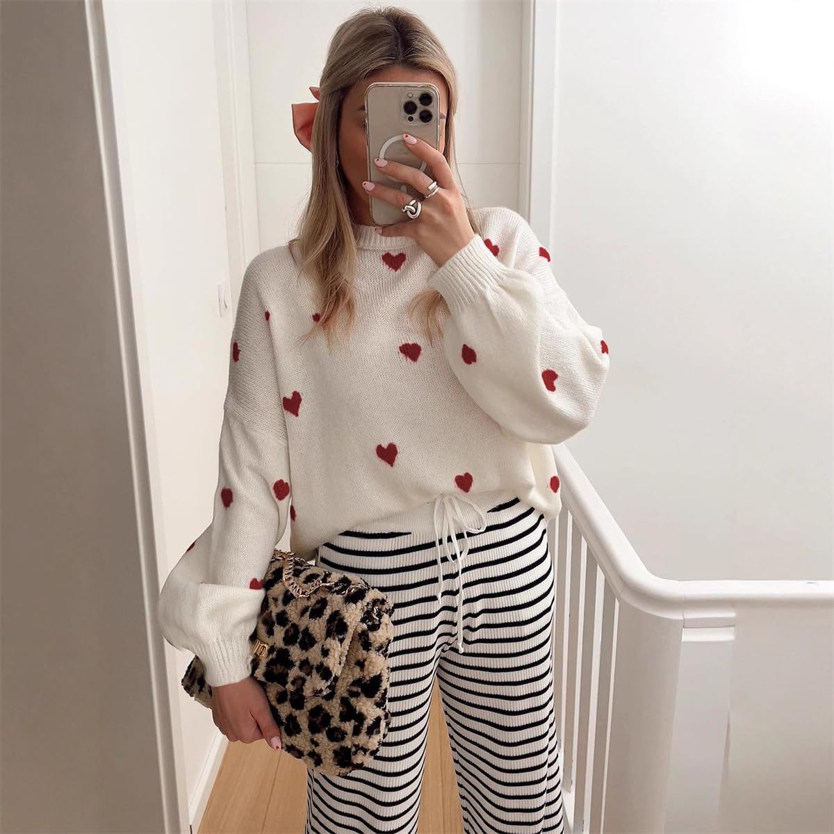 Maglione oversize da donna a forma di cuore per San Valentino, maglione lavorato a maglia, sciolto con spalle cadenti casual
