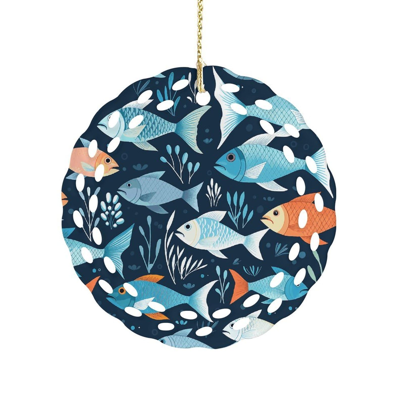 Fodpand Women's Style Fishes Pattern Ceramic Ornament For Home Decor 3.2" Round Tree Decoration Christmas Ornaments For Men Double-Sided Design