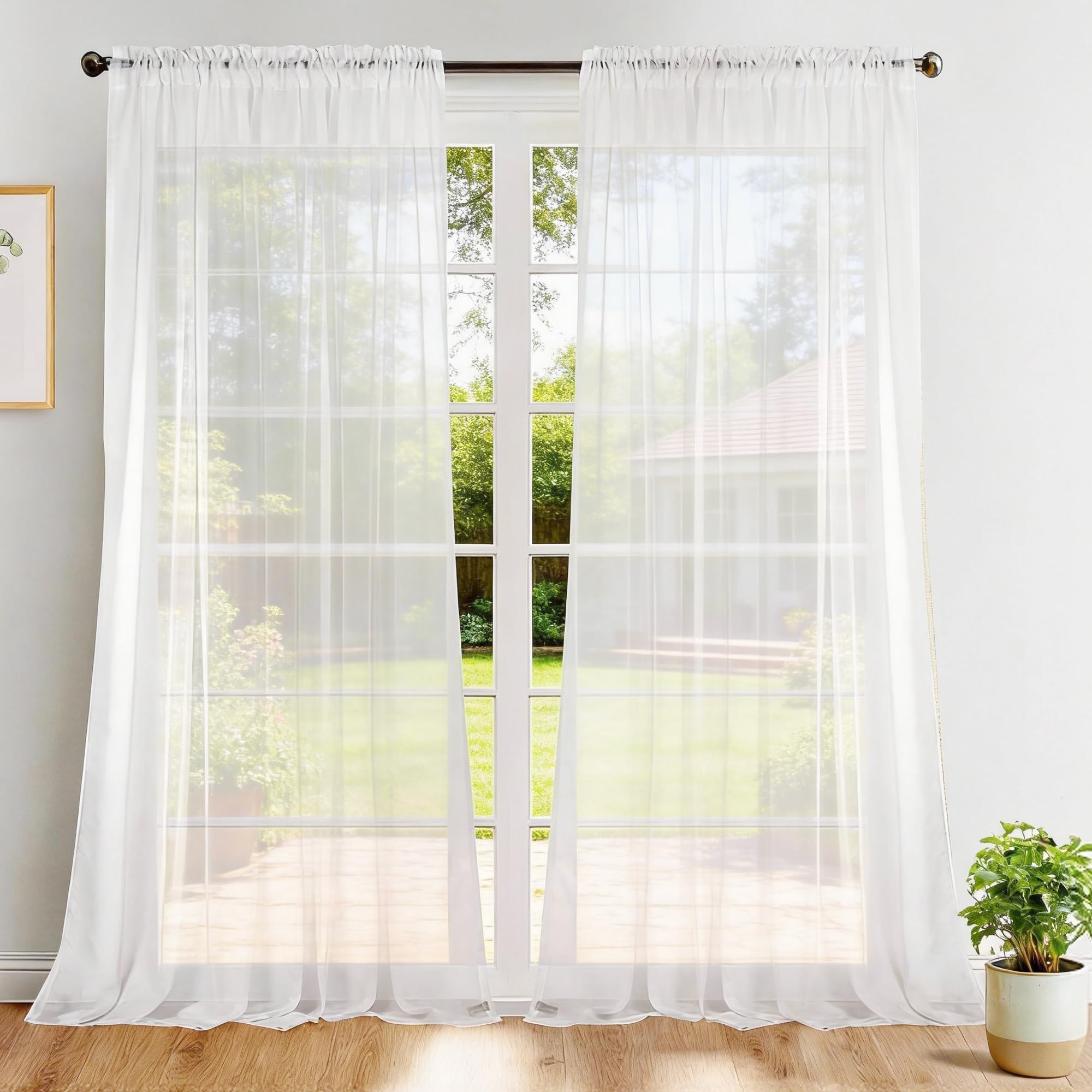 Dreaming Casa Solid Sheer Curtains Draperies White Rod Pocket 2 Panels 72" W x 102" L