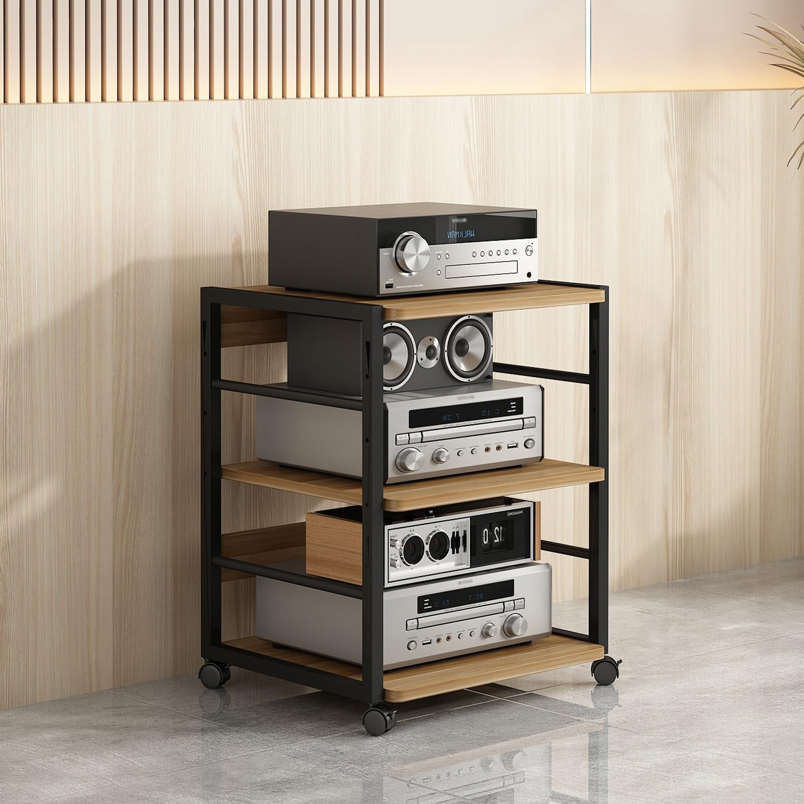 Meuble de rangement multimédia - Support AV à 3/4/5 niveaux - Étagères réglables en bois - Rack audio mobile pour salon, bureau et studio d'enregistrement - Étagère d'angle pour composants stéréo