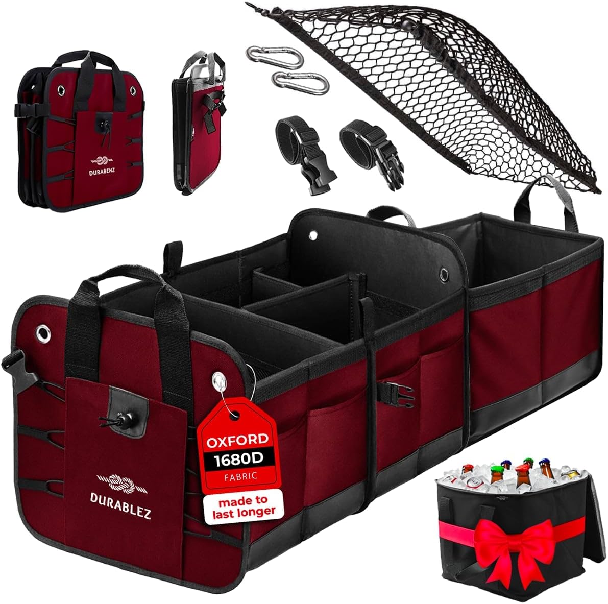 3 Compartment Separable Collapsible Car Trunk Storage Organizer with Cooler Bag, Cherrysh